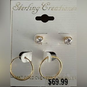 2 pairs .Cubic zirconia stud, 0.75ct size and gold plated silver hoop 0.75” size